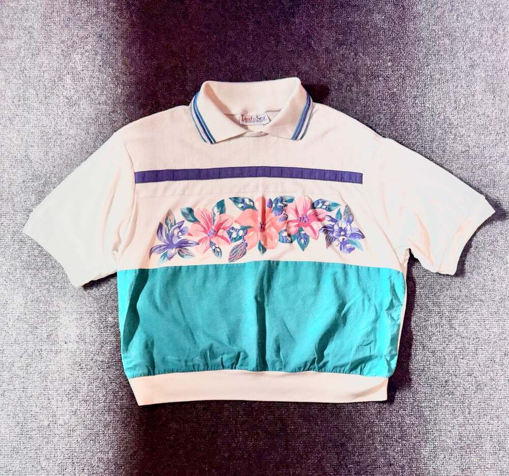 Vintage 80s Land 'n Sea Floral Short Sleeve Collared Polo Shirt Womens